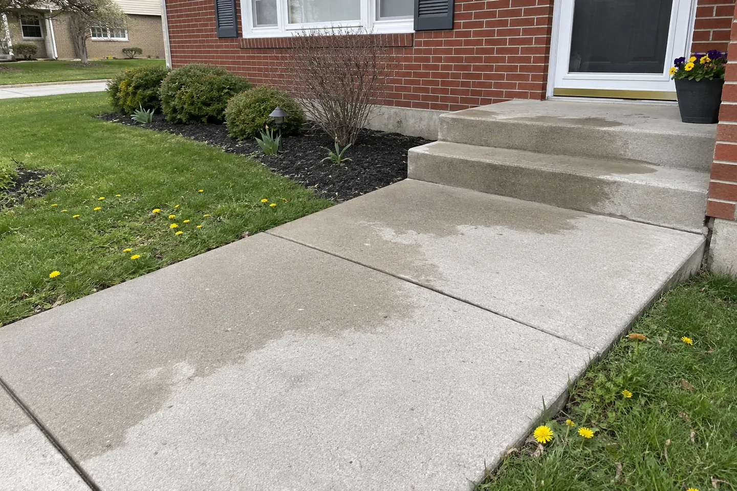 Concrete front walk and porch steps beside a brick home