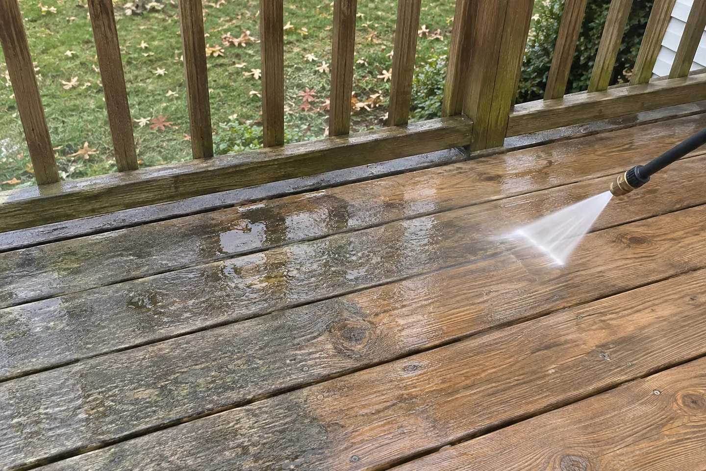 A controlled rinse across weathered wooden deck boards