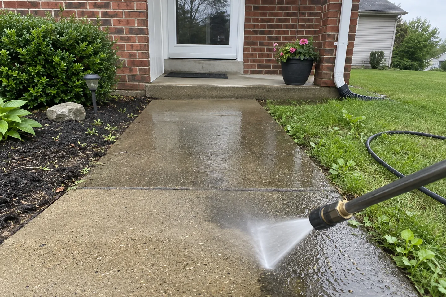 Pressure washer rinsing a concrete front walkway
