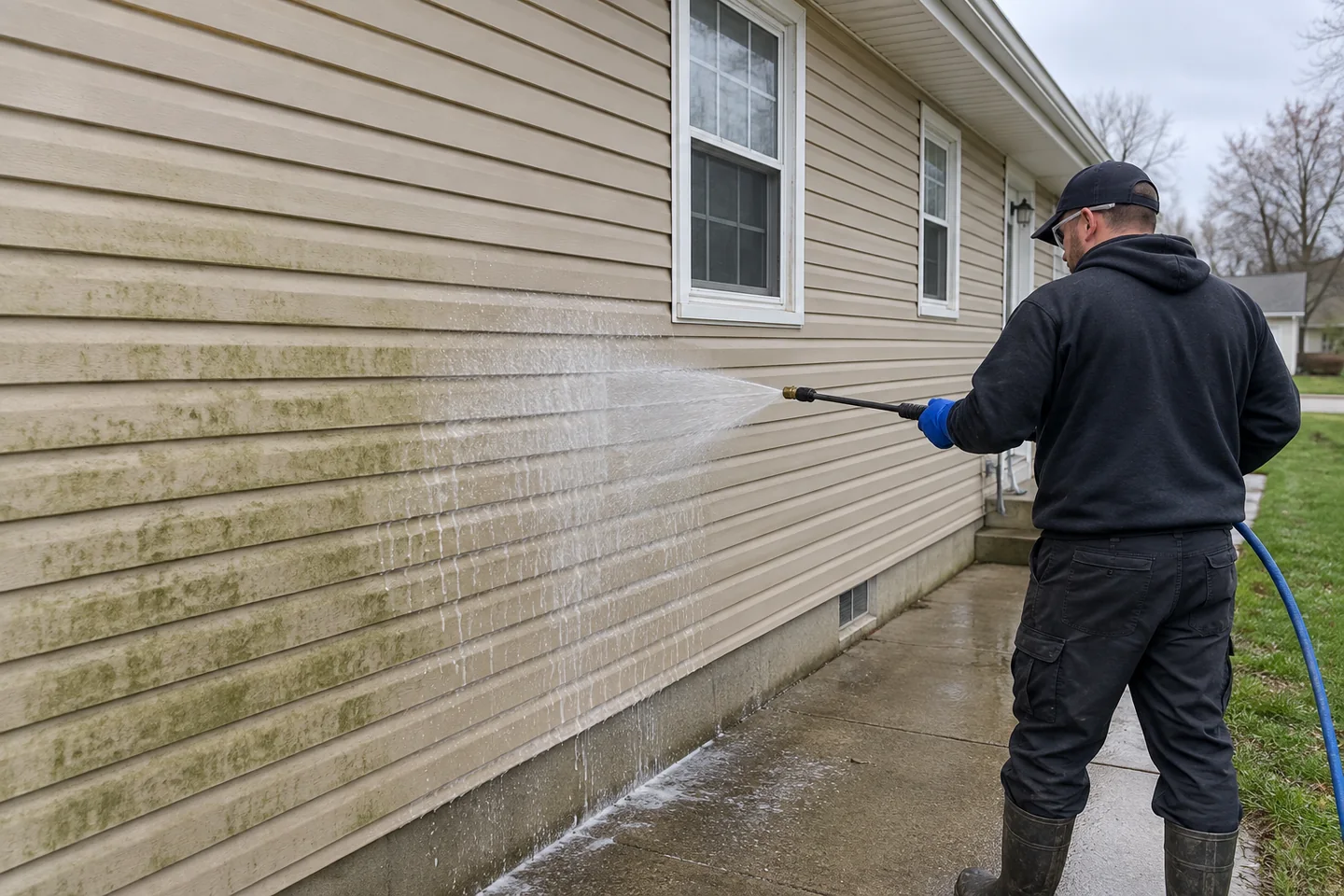 Worker applying a broad spray of cleaning solution to tan siding