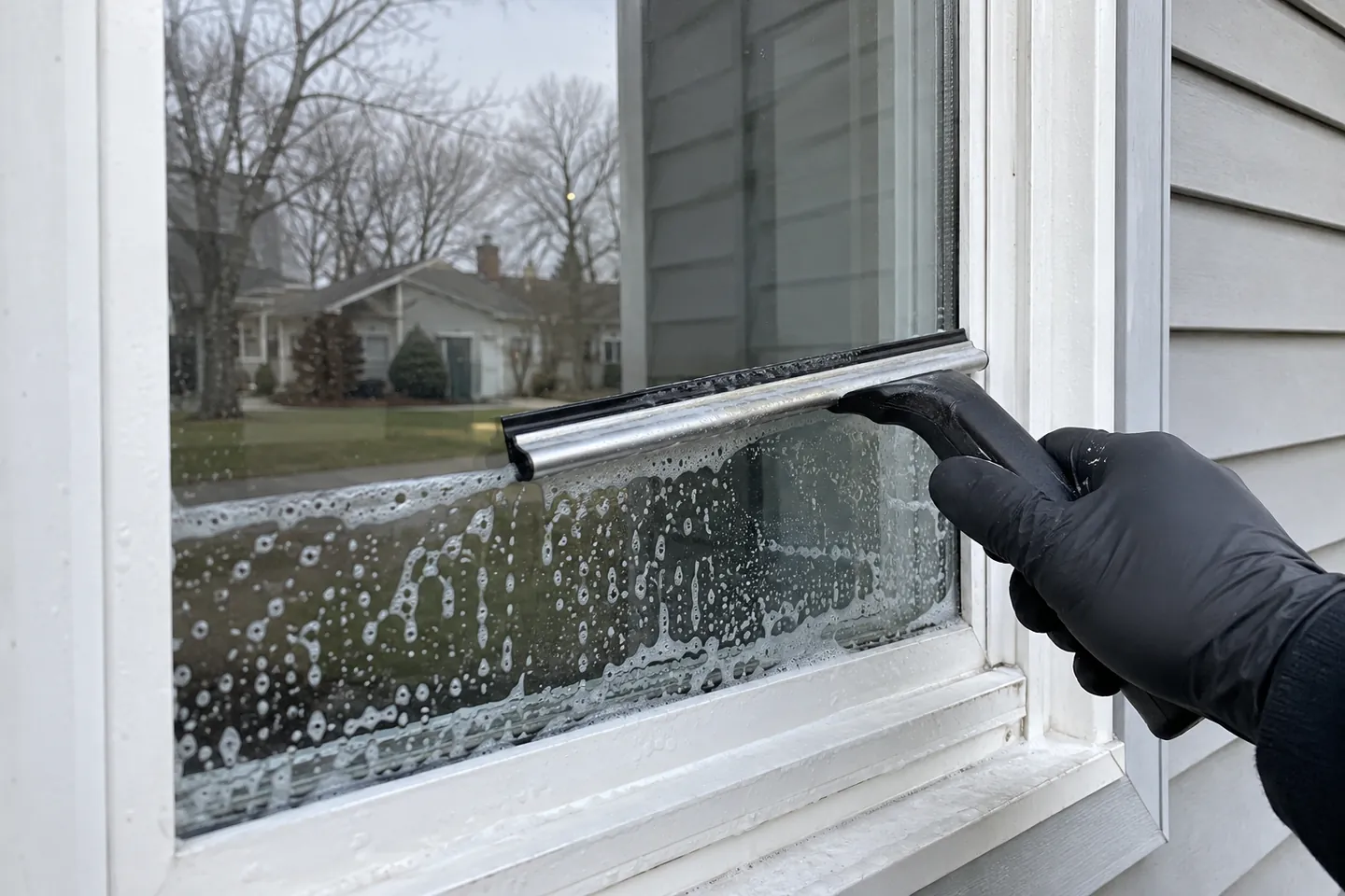 A squeegee removing water from a residential window